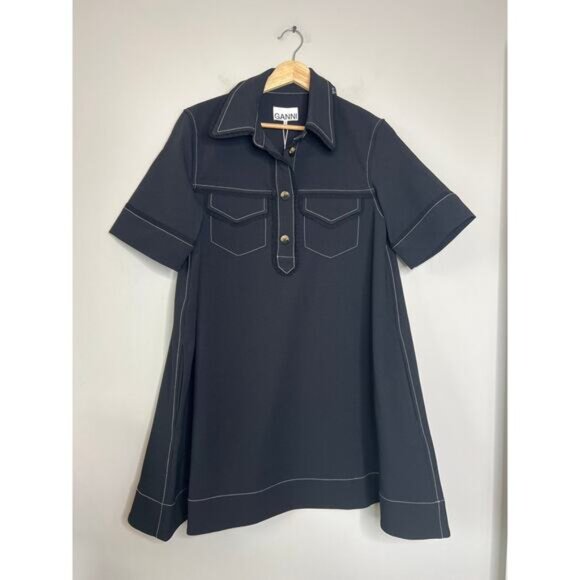 NWT Ganni Sable Topstitch Crepe Swing Spread Collar Button Mini Dress Black Sz 4 - Picture 3 of 9